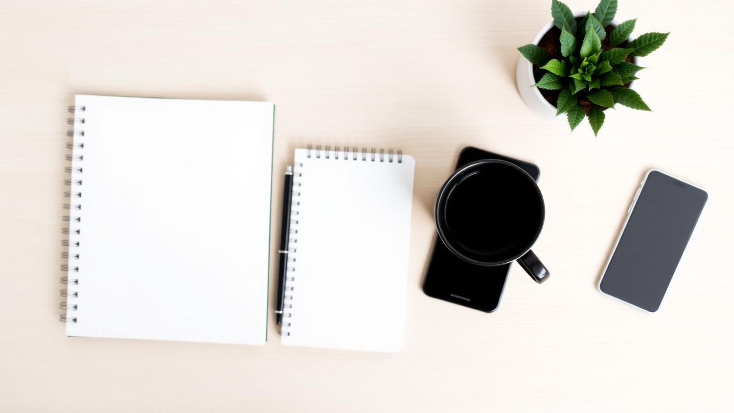 Notebook, coffee and phone on a desk